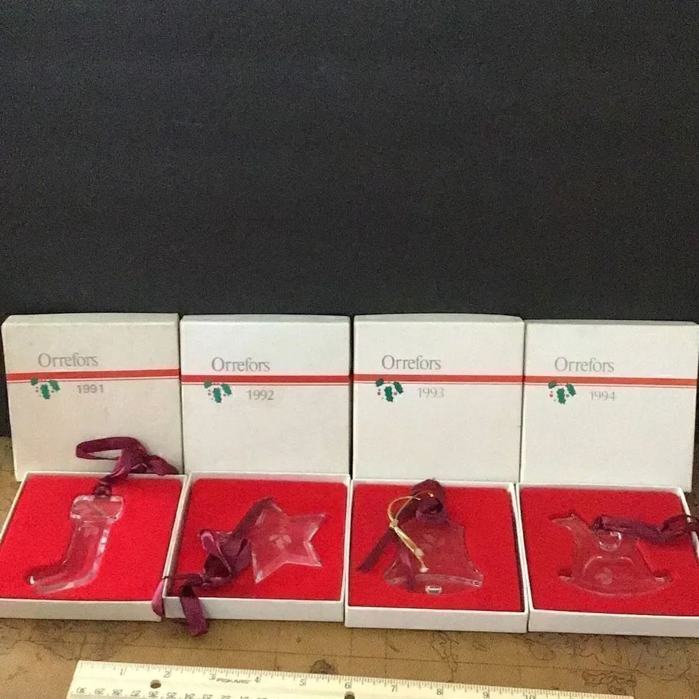 Ornaments, vintage, 19,91, 92,93 and 94 sweetest crystal ornaments, stocking, st